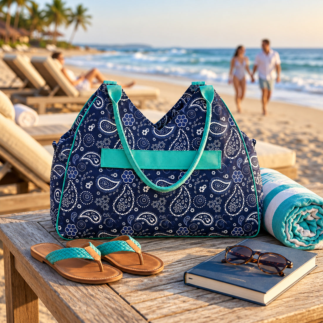 Monogrammed Floral Beach Tote Personalized Waterproof Polyester Bag