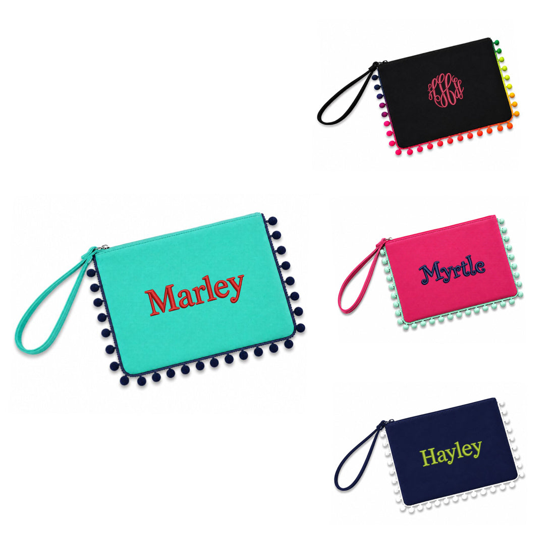 Personalized Pom-Pom Wristlet Clutch Monogrammed Polyester Pouch