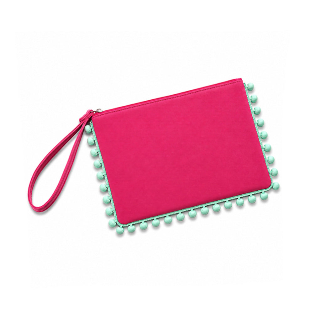 Personalized Pom-Pom Wristlet Clutch Monogrammed Polyester Pouch