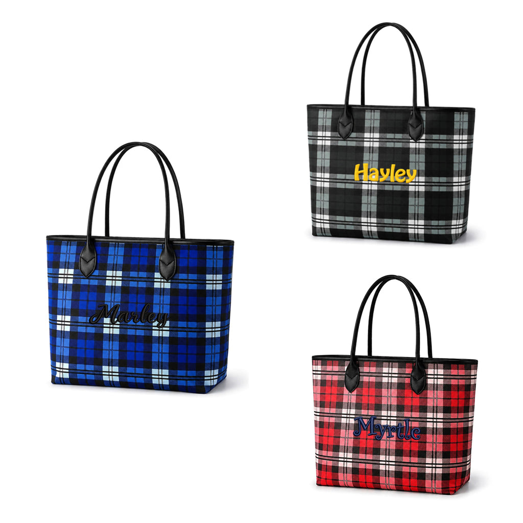 Monogram Shoulder Totes Red Navy Black Checked