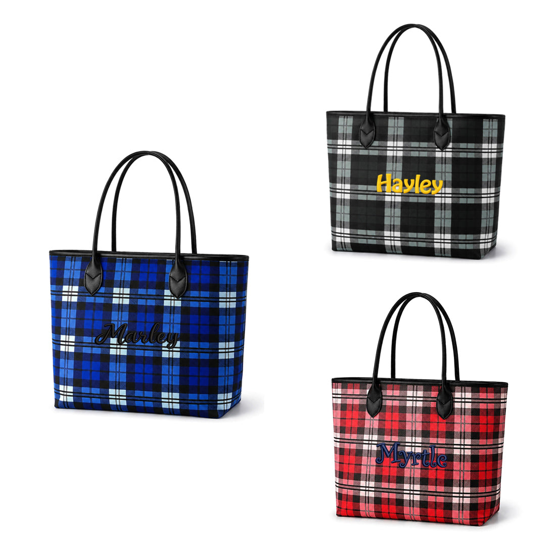 Monogram Shoulder Totes Red Navy Black Checked